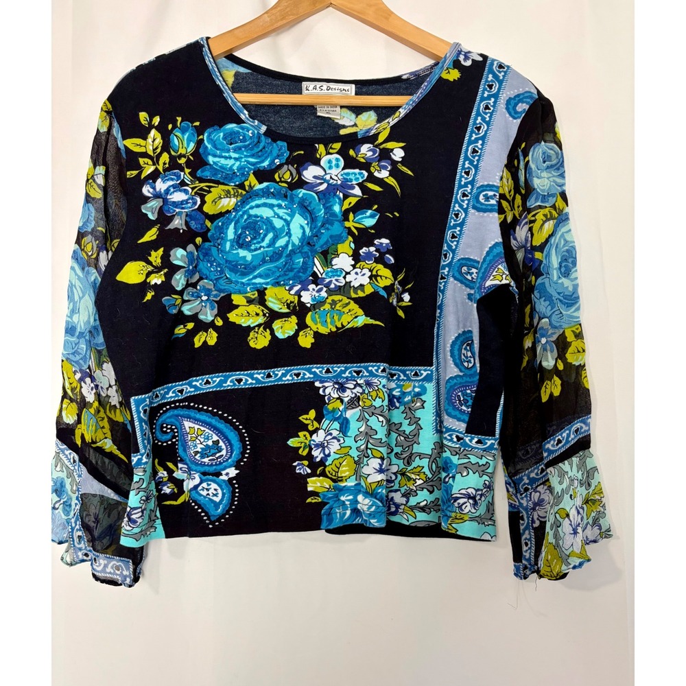 Y2K Womens XL Blue Floral Paisley Sequin Sheer Sleeve Knit Top‎ Going Out